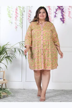 Kalini Plus Size Floral Printed Mandarin Collar Cotton Shirt Dress