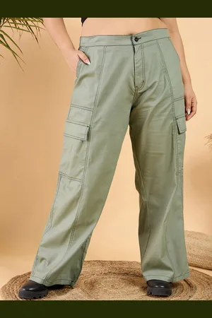 CURVY STREET Women Plus Size Green Loose Fit Mid-Rise Plain Wide Leg Cotton Trousers