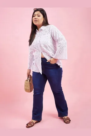 Austivo Plus Size Self Design Shirt Collar Flared Sleeve Cotton Shirt Style Top