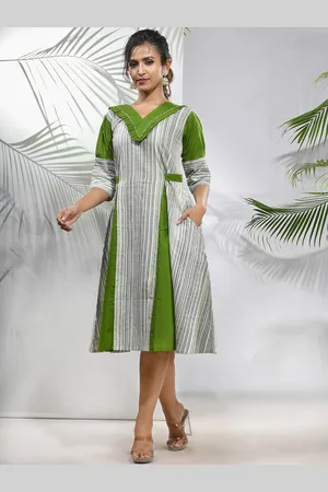 Charukriti Striped V-Neck Cotton Panelled Cotton A Line Dress