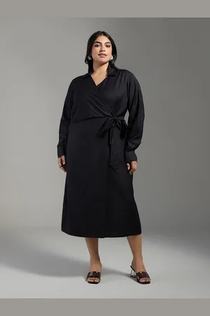 20Dresses Plus Size Black Shirt Collar Cuffed Sleeves Tie-Ups Wrap Midi Dress