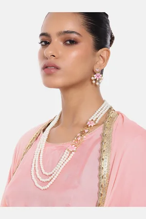 ESTELE Women Gold-Plated Pearl Studded Layered Floral Necklace with Earrings
