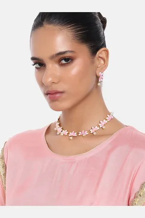 ESTELE Women Gold-Plated Pearl Studded Floral Necklace with Earrings