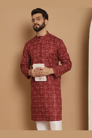 Anouk Men Maroon Geometric Printed Thread Work Pathani Kurta