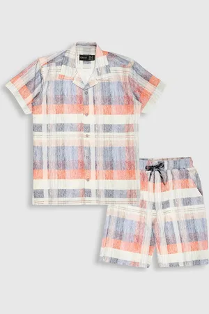 CAVIO Boys Checked Shirt Collar Short Sleeves Pure Cotton Shirt with Short