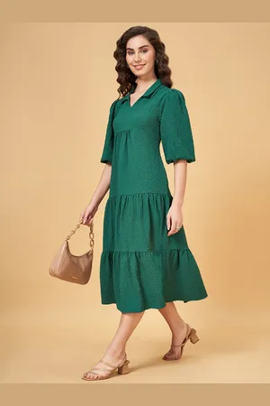 Pantaloons Self Design Puffed Sleeves Tiered Cotton A-Line Midi Dress