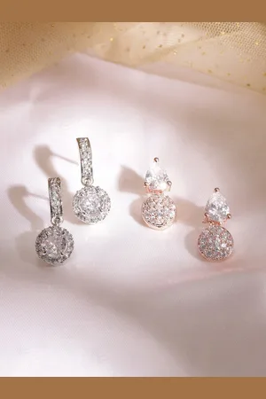 Rubans Women Rose Gold And Silver Plated Zirconia Studded Set Of 2 Drop Earrings