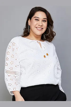 Lifestyle Tie-Up Neck Puff Sleeve Cotton Plus Size Top