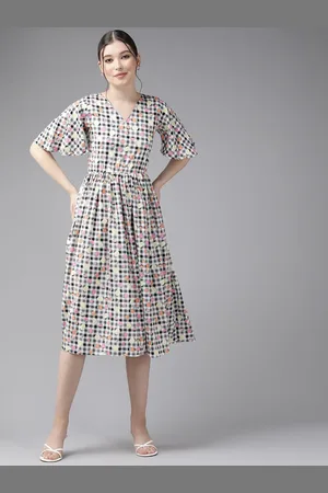 Aarika Checked Printed V-Neck Flared Sleeve Georgette A-Line Midi Dress