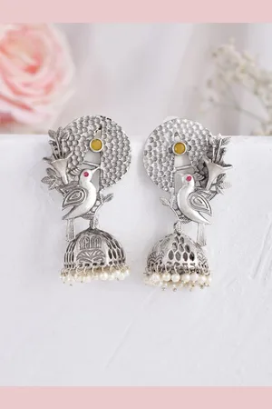Dastoor Silver-Plated Oxidised Jhumkas