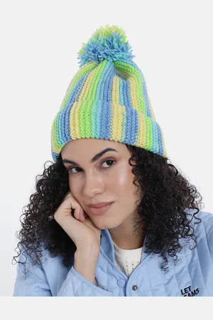 Magic Needles Women Vertical Striped Knitted Beanie with Pompom