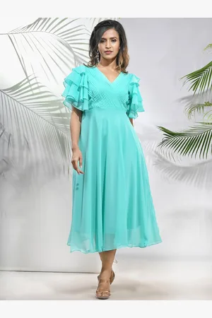 Charukriti Embellished Fit & Flared Midi Dress With Ruffle Sleeves