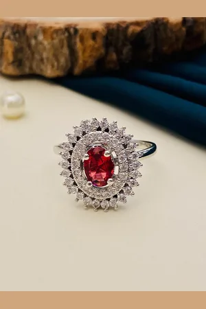 Anouk Silver-Plated Red American Diamond Studded Finger Ring