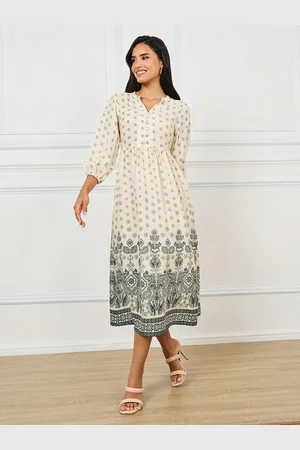 Styli Notch Neck Printed Midi Dress with Elasticated Waist