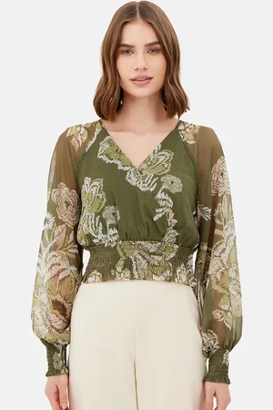 Kazo Floral Printed Puff Sleeve Crop Blouson Top