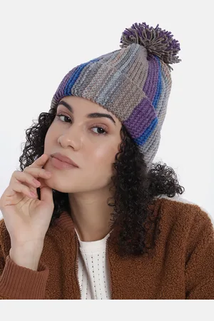 Magic Needles Women Vertical Striped Knitted Beanie with Pompom