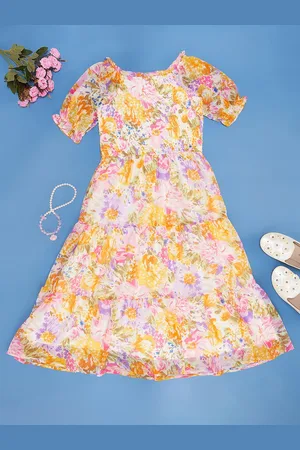Pantaloons Round Neck Short Puff Sleeves Floral Print Fit & Flare Dress
