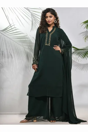 Charukriti Floral Yoke Design Georgette V-Neck Beads and Stones Straight Kurta Set