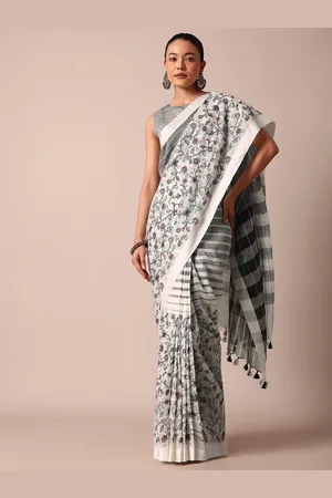 KALKI Fashion White Cotton Linen Floral Embroidered Saree With Unstitched Blouse Piece
