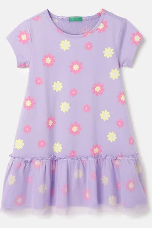 Benetton Girls Floral Printed Tiered Pure Cotton Drop-Waist Dress
