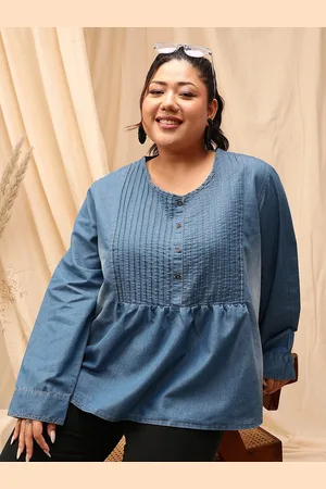 CURVY STREET Plus Size Round Neck Cotton Denim Top
