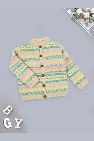 MeeMee Boys Ethnic Motifs Printed Mock Collar Front-Open Sweater