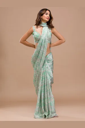 Koskii Floral Printed Beads and Stones Satin Saree