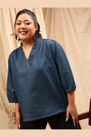 CURVY STREET Plus Size V-Neck Cotton Denim Top