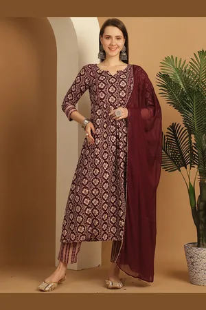 Rajnandini Notch Neck Floral Printed Regular A-Line Kurta with Trousers & Dupatta
