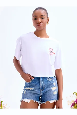 COVER STORY White Drop-Shoulder Sleeves Boxy Crop T-shirt