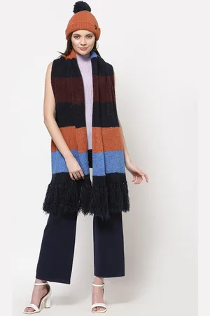 513 Clothing Women Set Of 2 Brown & Orange-Colored Knitted Mufflers With Cap