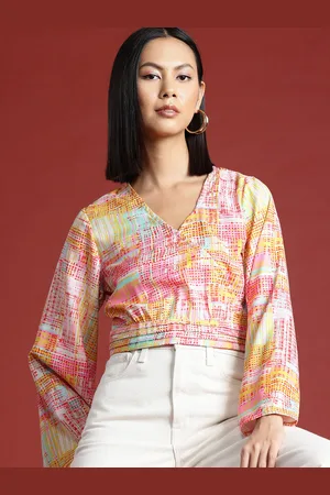 all about you Geometric Print Flared Sleeve Wrap Crop Top