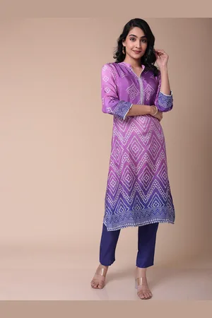 ZARI Women Bandhani Printed Thread Work Mandarin Collar Straight Kurta With Trousers