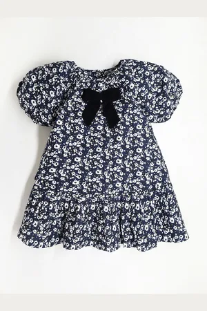 Cherry Crumble Girls Floral Printed Puff Sleeves Bow Detail Cotton A-Line Dress