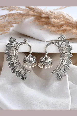 Dastoor Silver-Plated Beaded Silver Contemporary Oxidised Drop Earrings