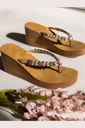 THE WHITE POLE Embellished Open Toe Wedge Heels
