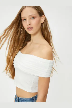 Koton Off-Shoulder Gathered Detail Bardot Crop Top