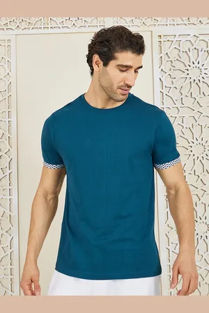 Styli Teal Blue Premium Heavy Jersey Cotton T-shirt With Sleeve Jacquard Tape Detail