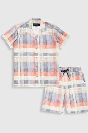 CAVIO Boys Checked Shirt Collar Short Sleeves Pure Cotton Shirt with Short