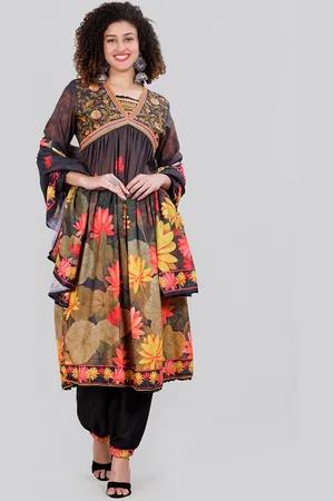 MEHNAM Floral Printed V-Neck Thread Work Empire A-Line Kurta with Salwar & Dupatta