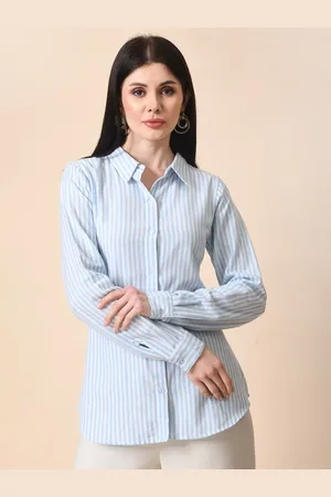 HERE&NOW Blue Standard Striped Cotton Spread Collar Curved Formal Shirt