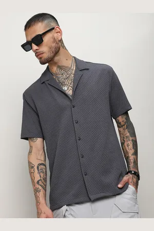 Campus Grey Classic Popcorn Texture Cuban Collar Short Sleeves Casual Shirt