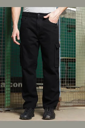 HERE&NOW Black Men Mid-Rise Loose Relaxed Fit Bleached Cargo Cotton Jeans