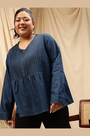 CURVY STREET Plus Size V-Neck Cotton Denim Top