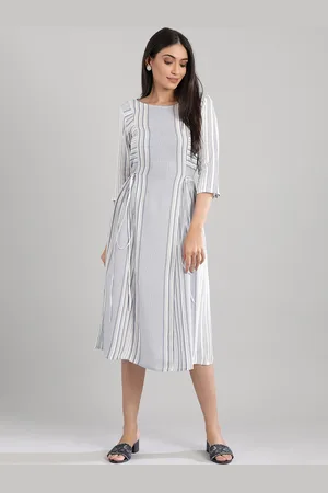 AURELIA Blue Striped A-Line Midi Dress