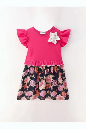 CrayonFlakes Girls Floral Print Flutter Sleeve Cotton Fit & Flare Dress