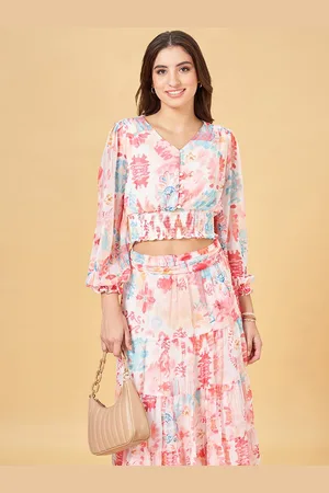 Pantaloons Tie & Dye Dyed V-Neck Puff Sleeve Smocked Crop Top
