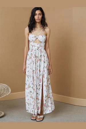 LULU & SKY Women Halter Neck Floral Printed Double-slit Long Maxi Dress