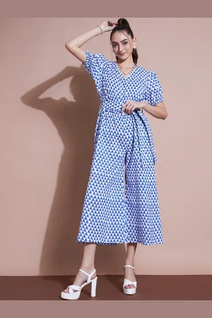 DressBerry Blue Geometric Printed V-Neck Cotton Culotte Jumpsuit With Belt