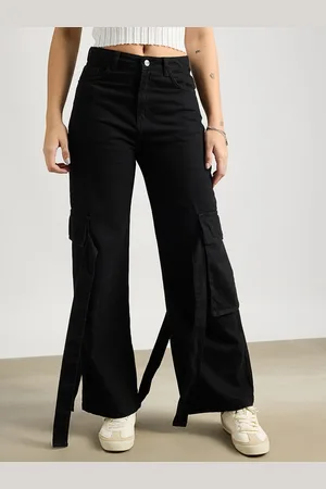 FREAKINS Women Wide Leg High-Rise Clean Look Cotton Cargo Jeans